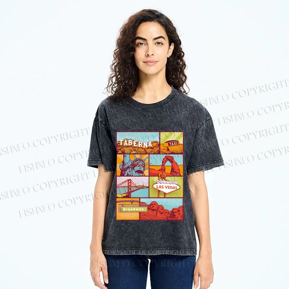Unisex American Travel Printed Washed Tee