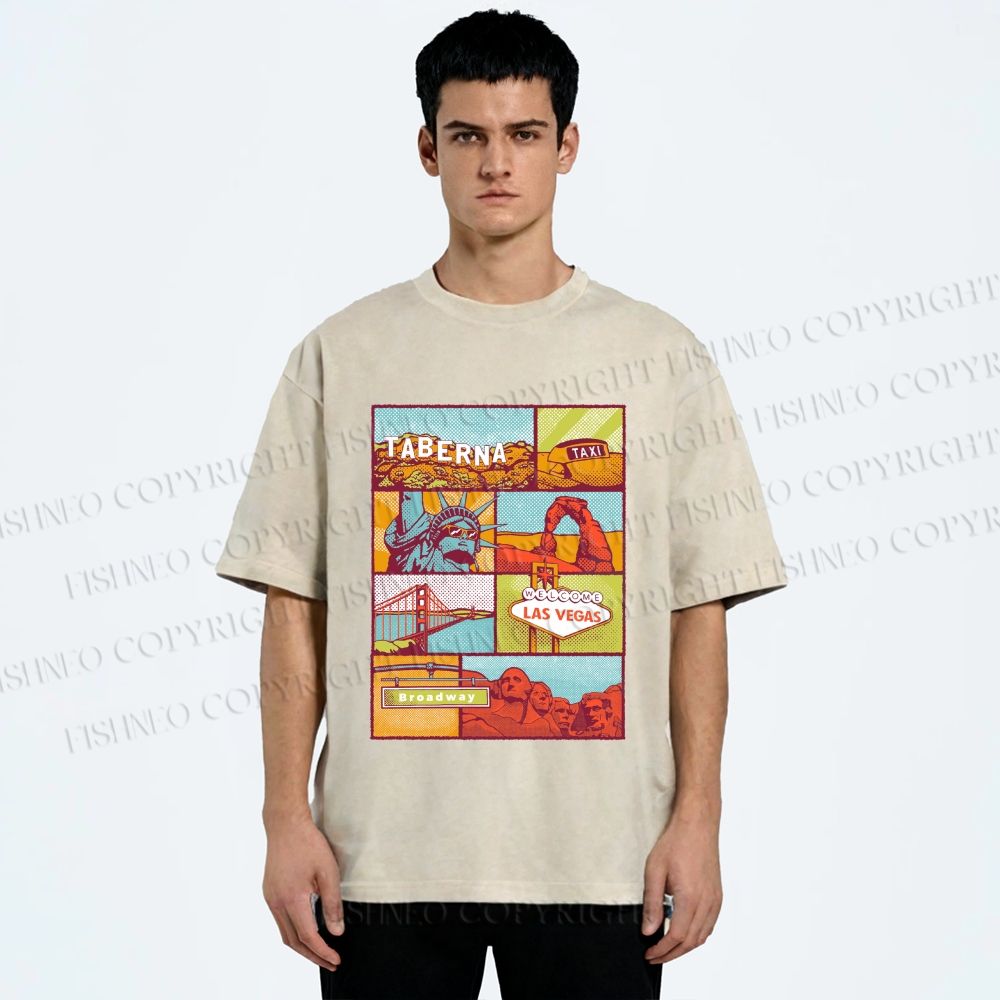 Unisex American Travel Printed Washed Tee