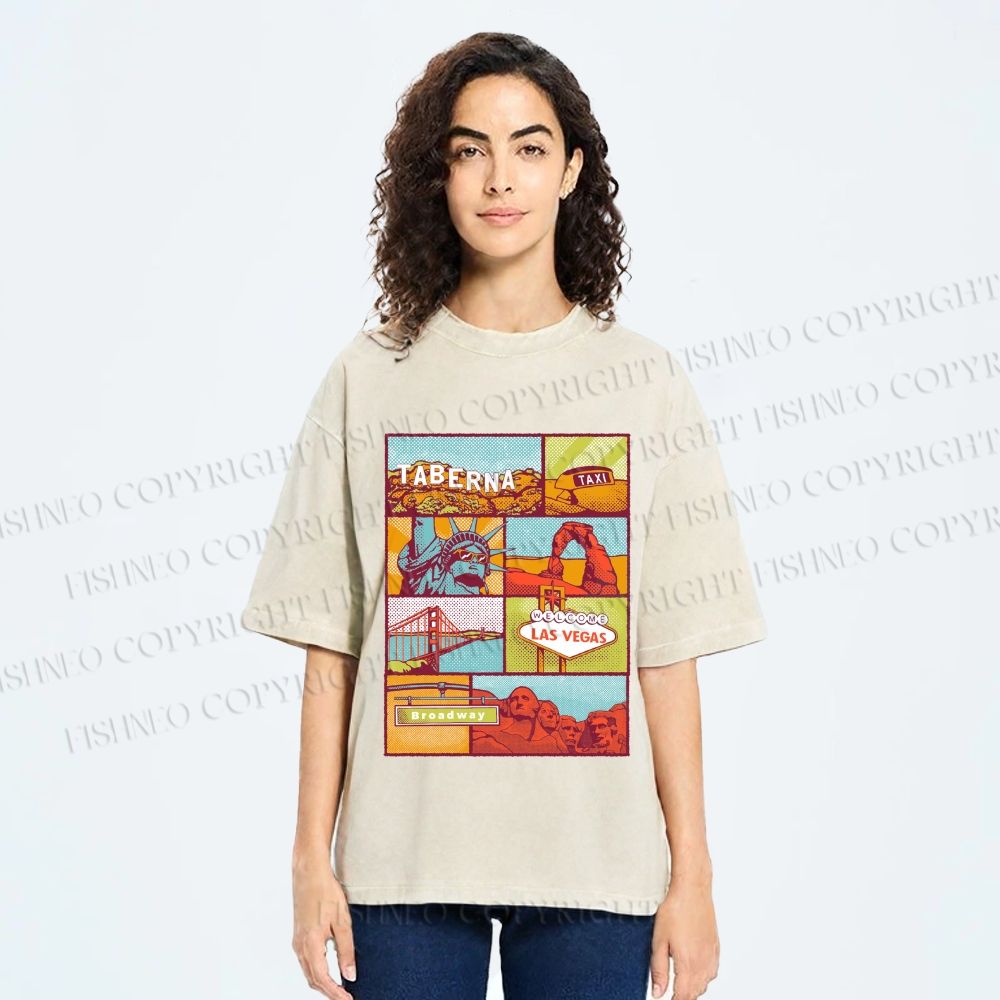 Unisex American Travel Printed Washed Tee