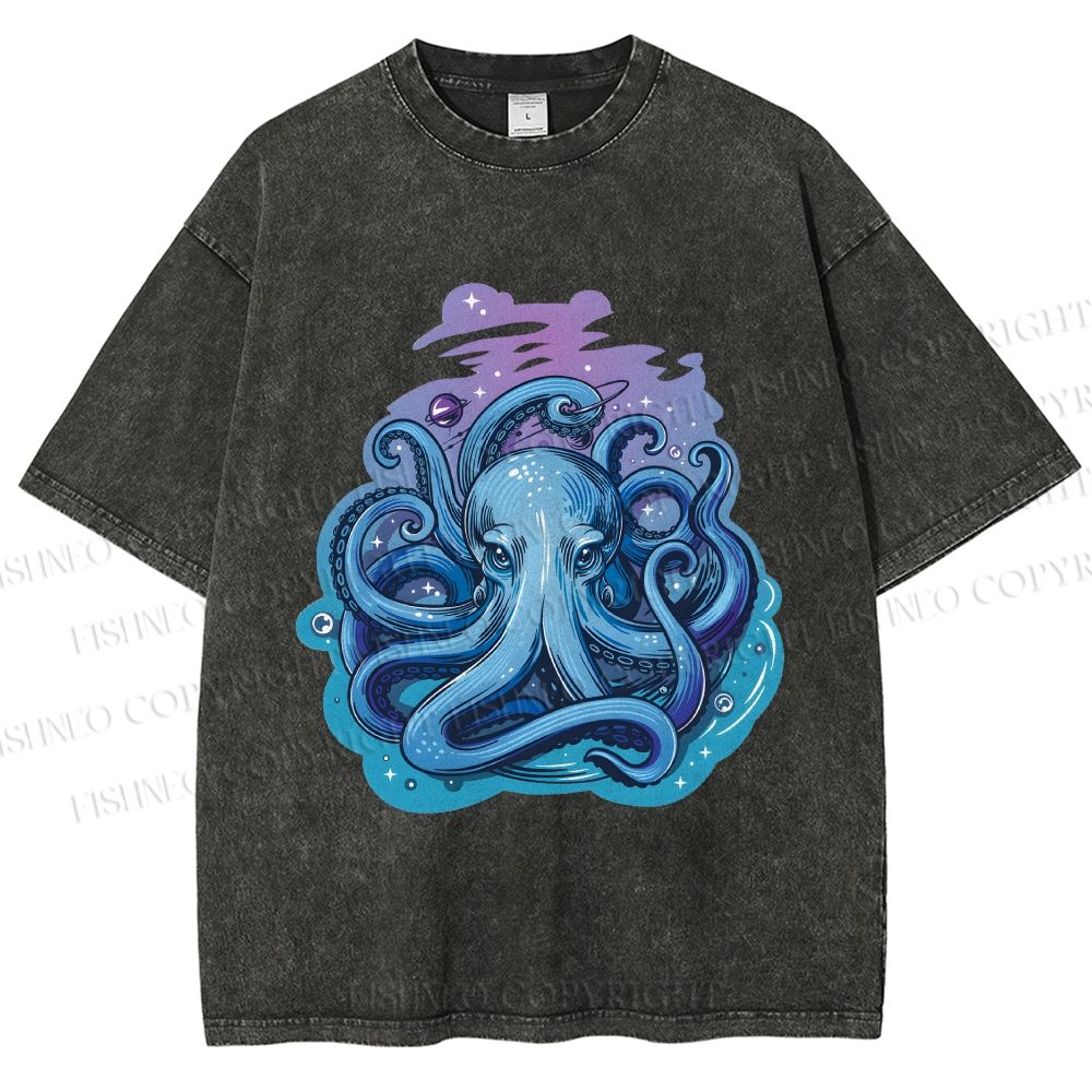 Unisex Galaxy Octopus Art Printed Washed Tee