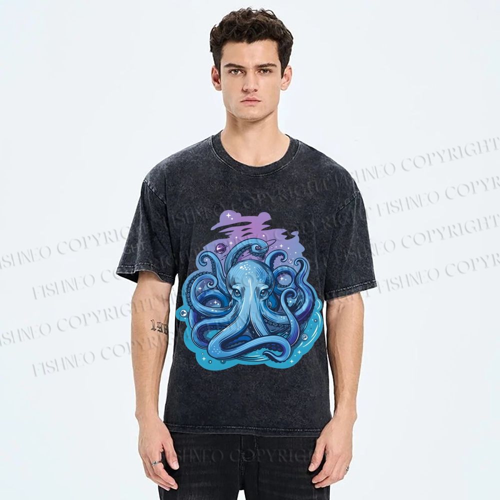 Unisex Galaxy Octopus Art Printed Washed Tee