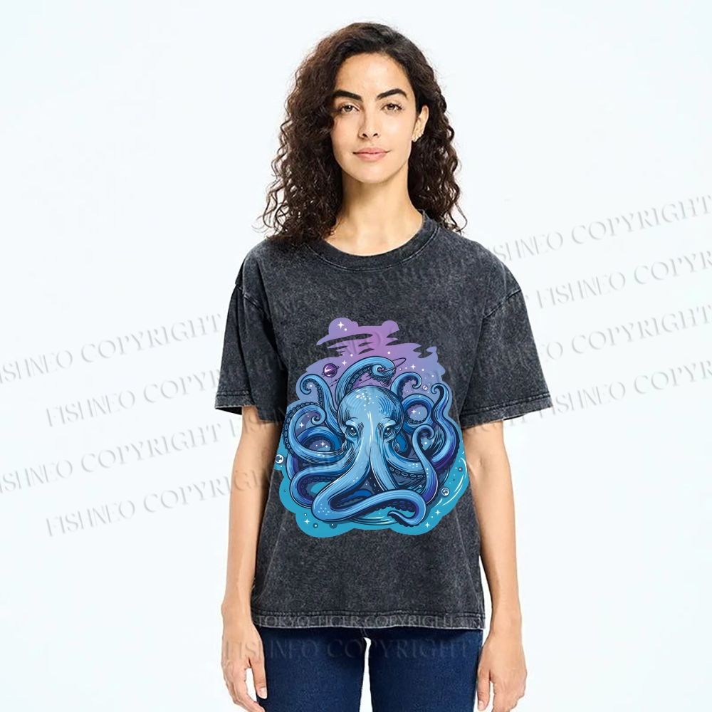 Unisex Galaxy Octopus Art Printed Washed Tee