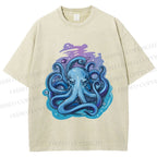 Unisex Galaxy Octopus Art Printed Washed Tee