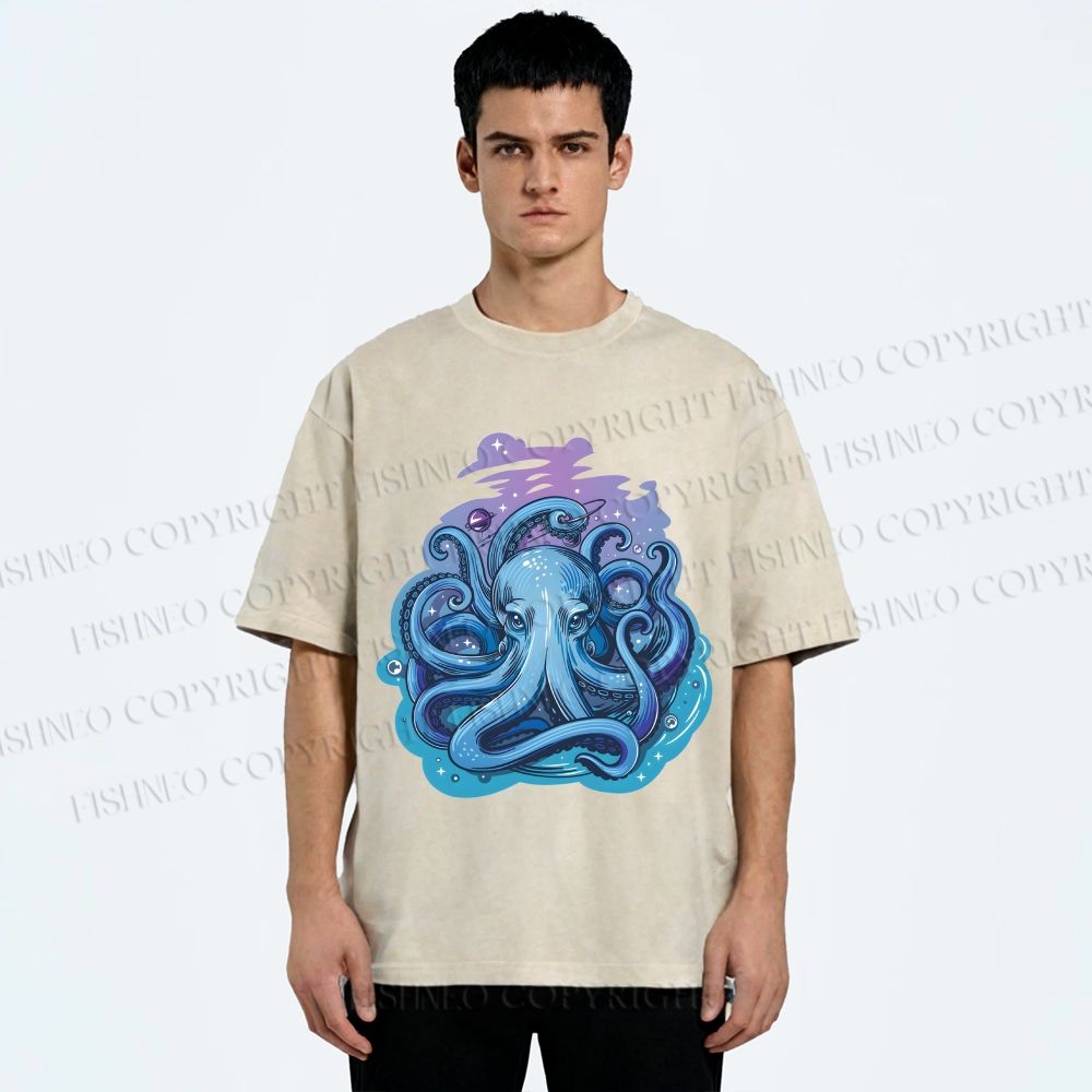 Unisex Galaxy Octopus Art Printed Washed Tee