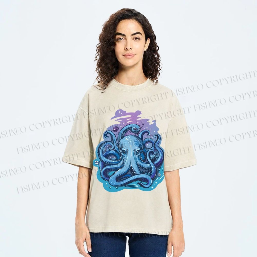 Unisex Galaxy Octopus Art Printed Washed Tee
