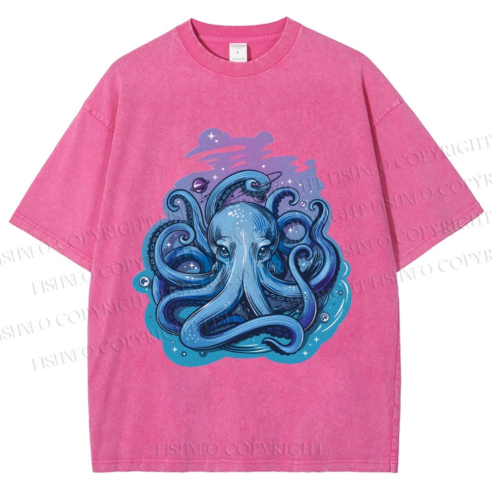 Unisex Galaxy Octopus Art Printed Washed Tee