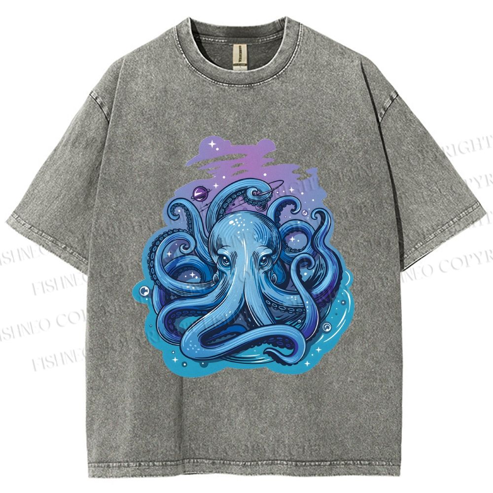 Unisex Galaxy Octopus Art Printed Washed Tee