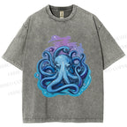 Unisex Galaxy Octopus Art Printed Washed Tee