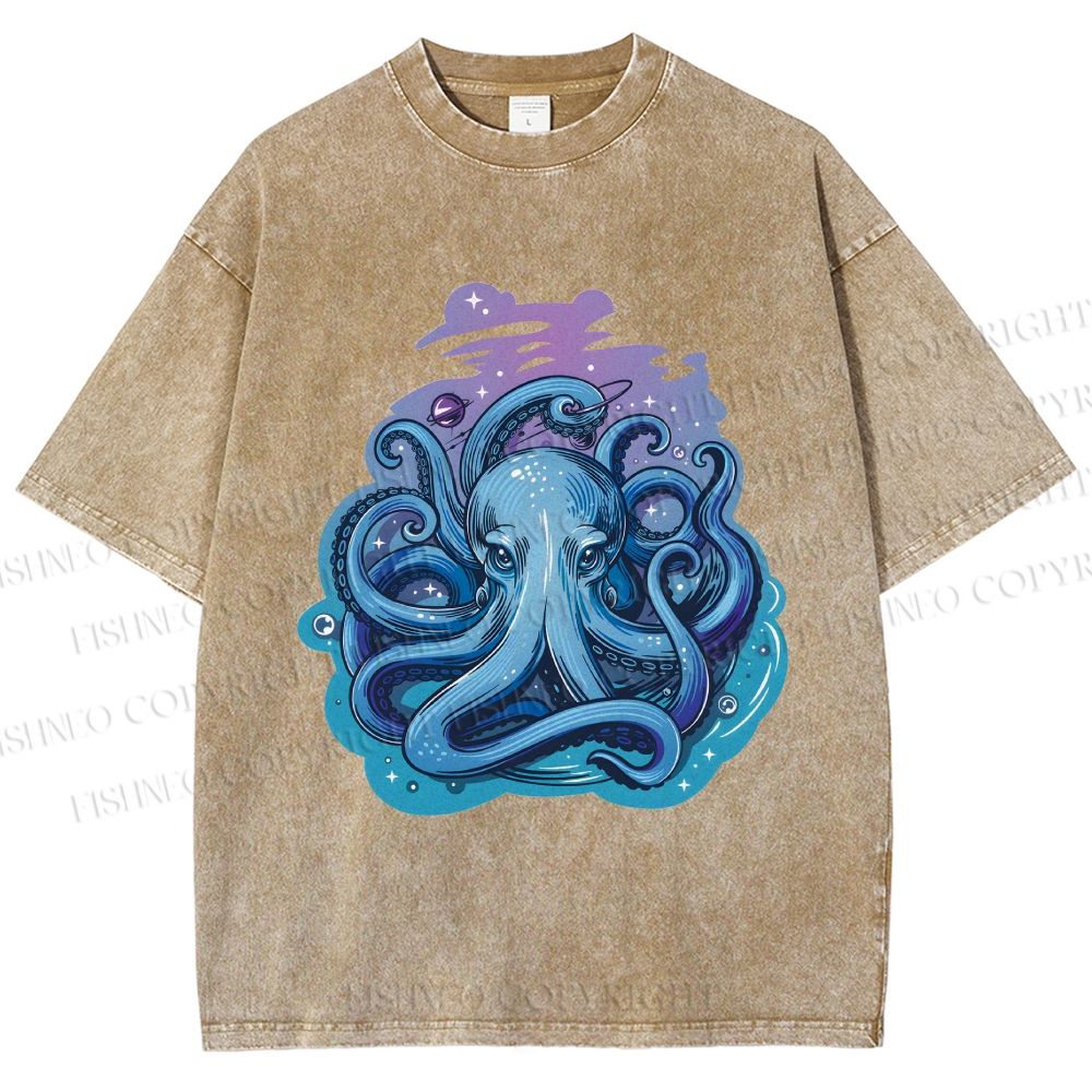 Unisex Galaxy Octopus Art Printed Washed Tee