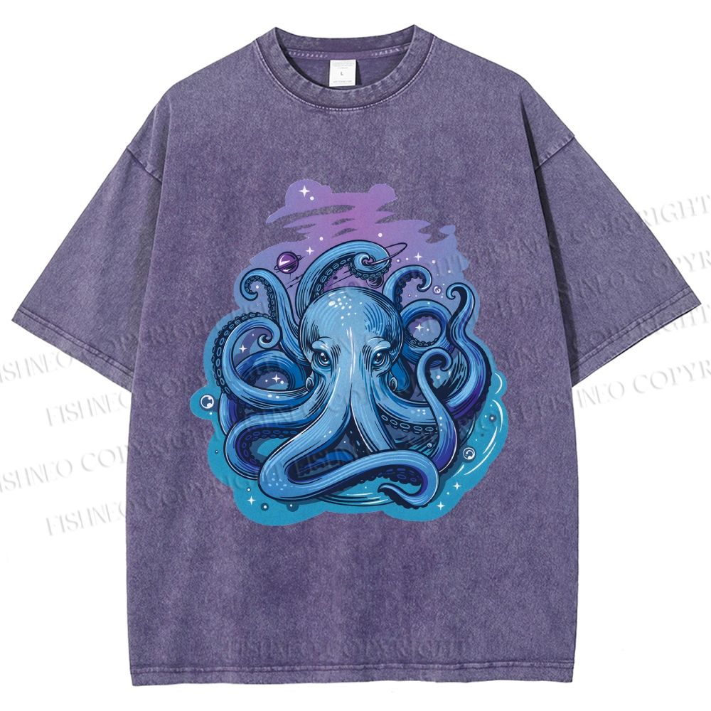 Unisex Galaxy Octopus Art Printed Washed Tee