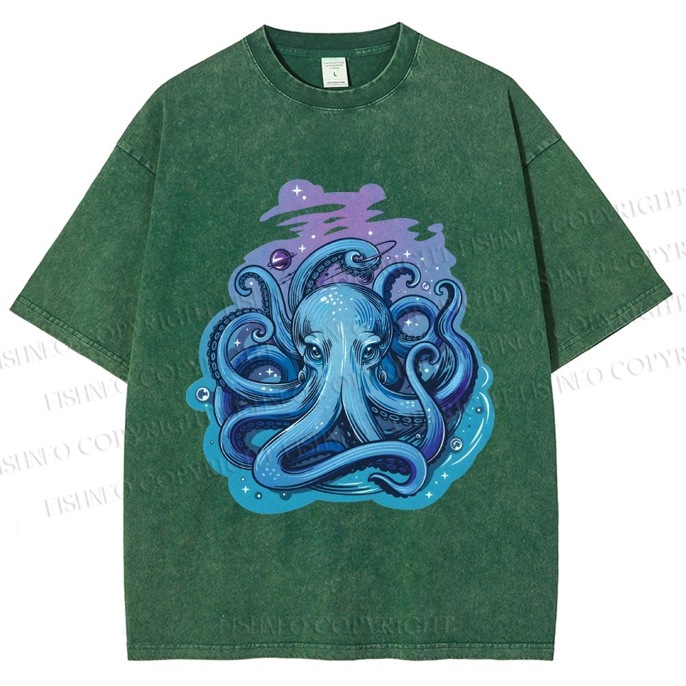 Unisex Galaxy Octopus Art Printed Washed Tee