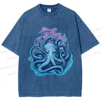 Unisex Galaxy Octopus Art Printed Washed Tee