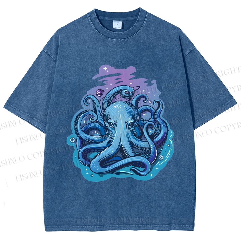 Unisex Galaxy Octopus Art Printed Washed Tee
