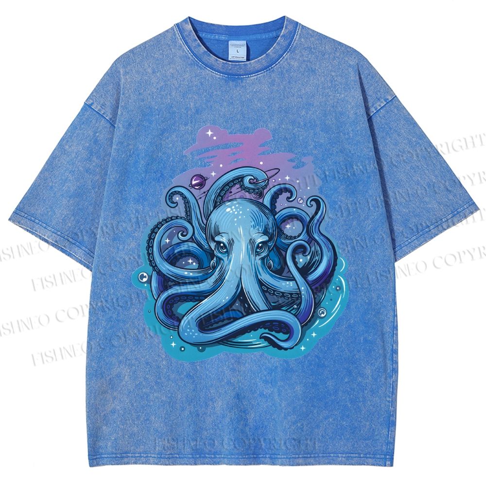 Unisex Galaxy Octopus Art Printed Washed Tee