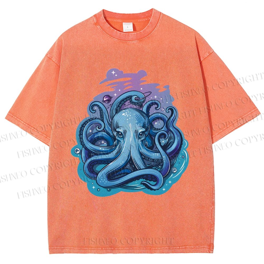 Unisex Galaxy Octopus Art Printed Washed Tee