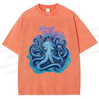 Unisex Galaxy Octopus Art Printed Washed Tee
