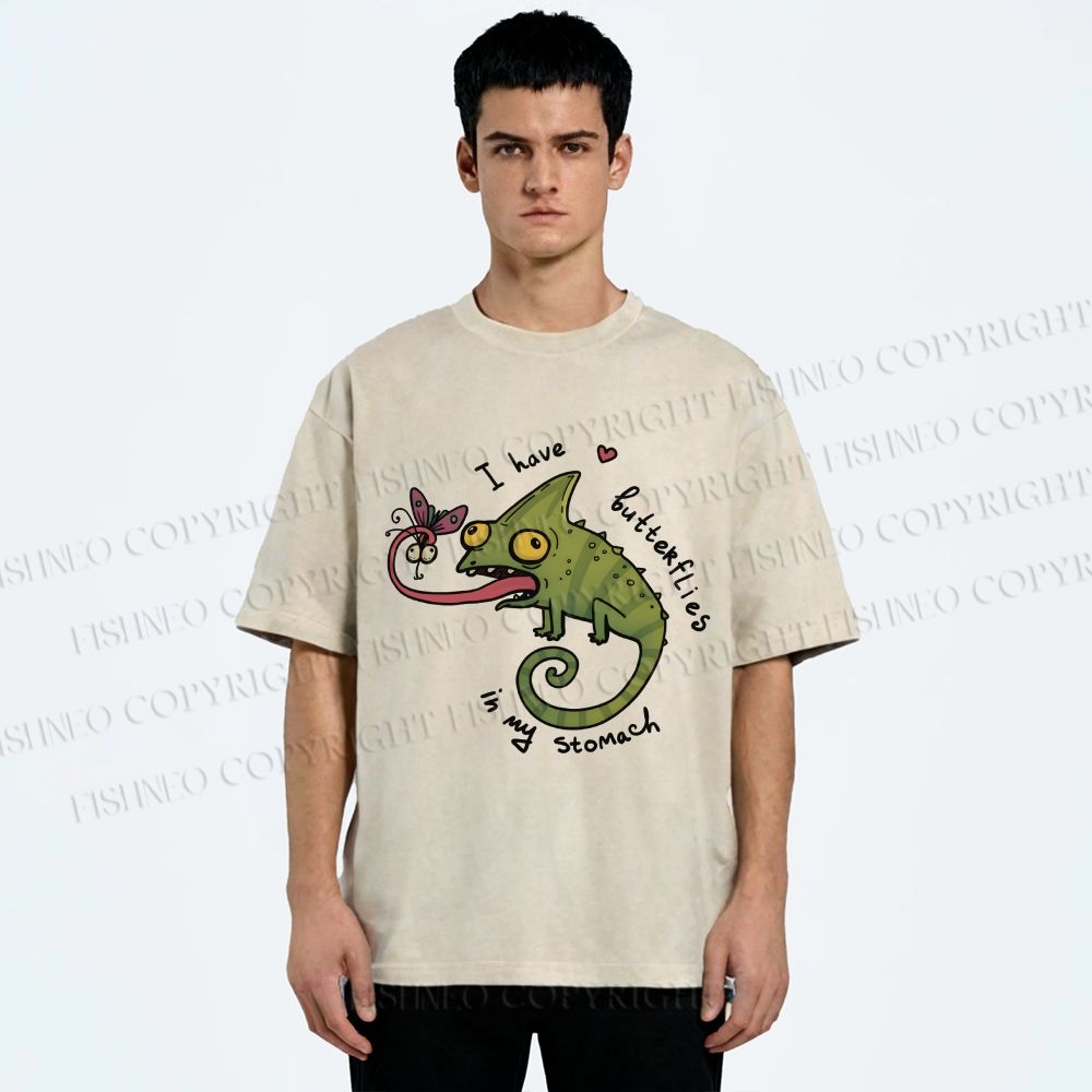 Unisex Cute Lizard Graphic Printed Washed Tee