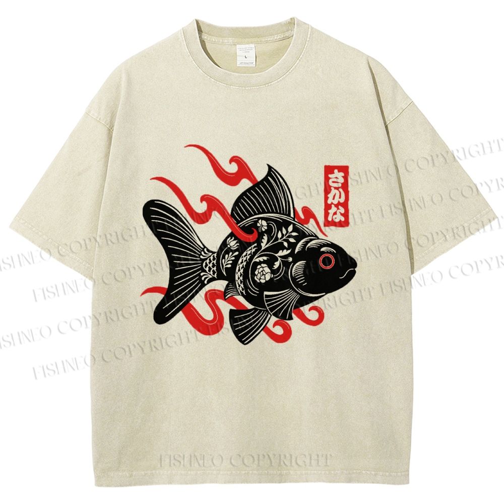 Unisex Ukiyo-e Black Koi Printed Washed Tee