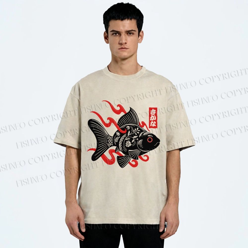Unisex Ukiyo-e Black Koi Printed Washed Tee