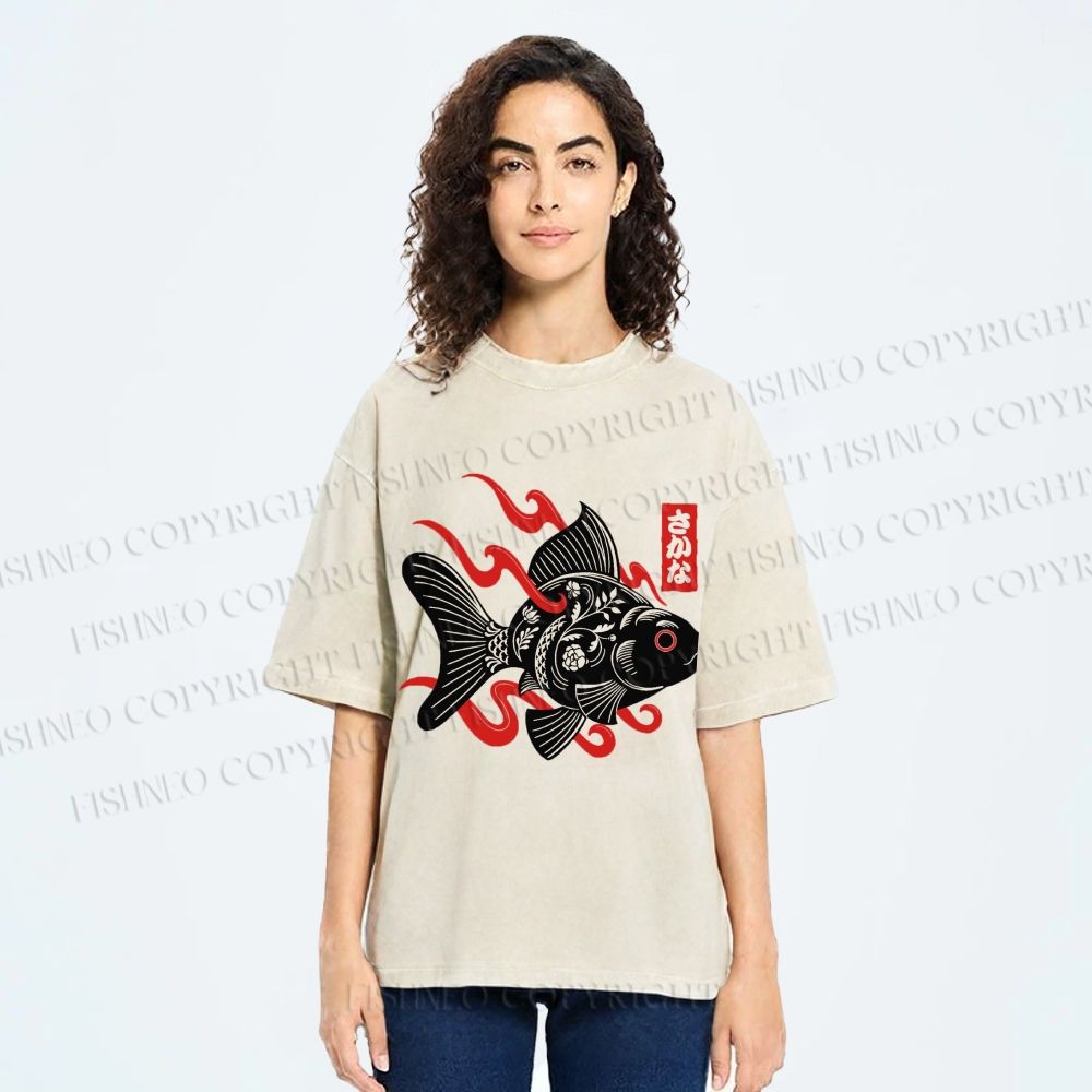 Unisex Ukiyo-e Black Koi Printed Washed Tee