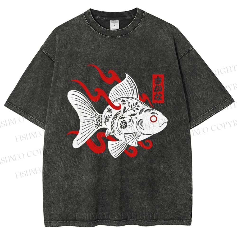 Unisex Ukiyo-e Black Koi Printed Washed Tee