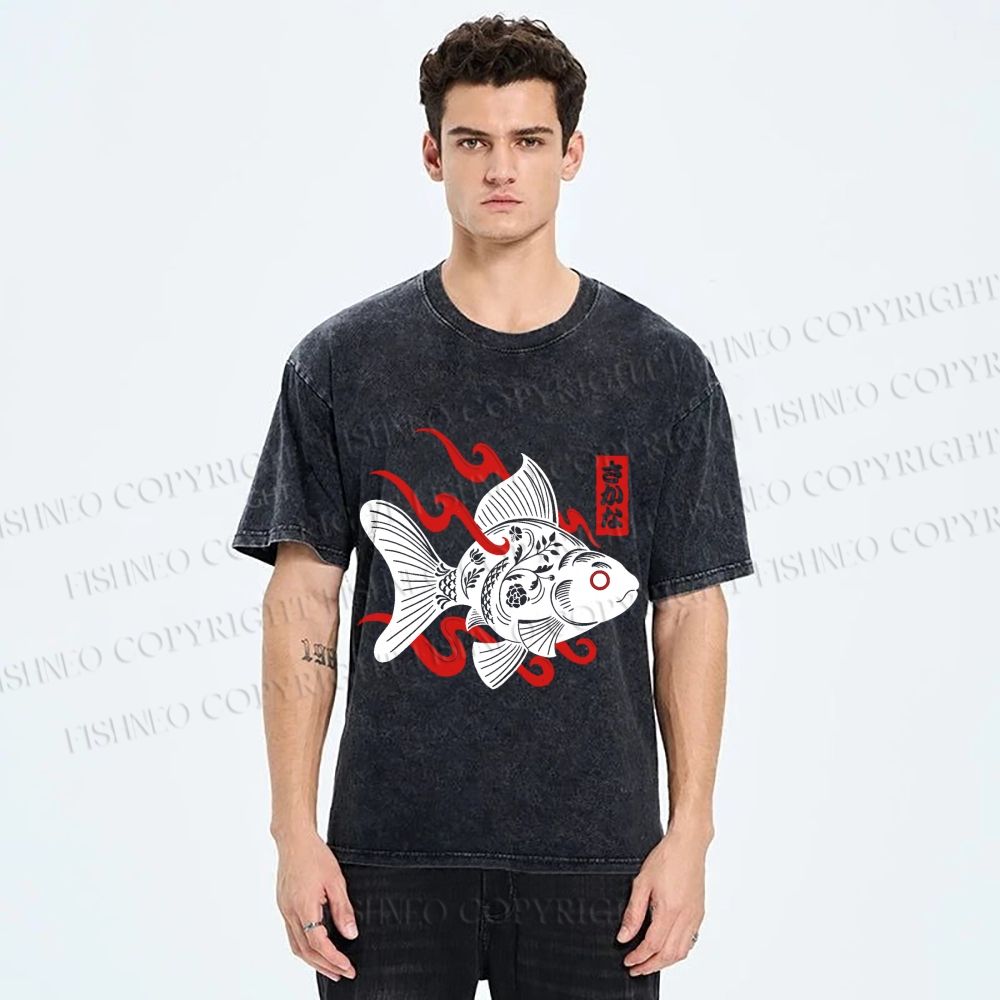 Unisex Ukiyo-e Black Koi Printed Washed Tee