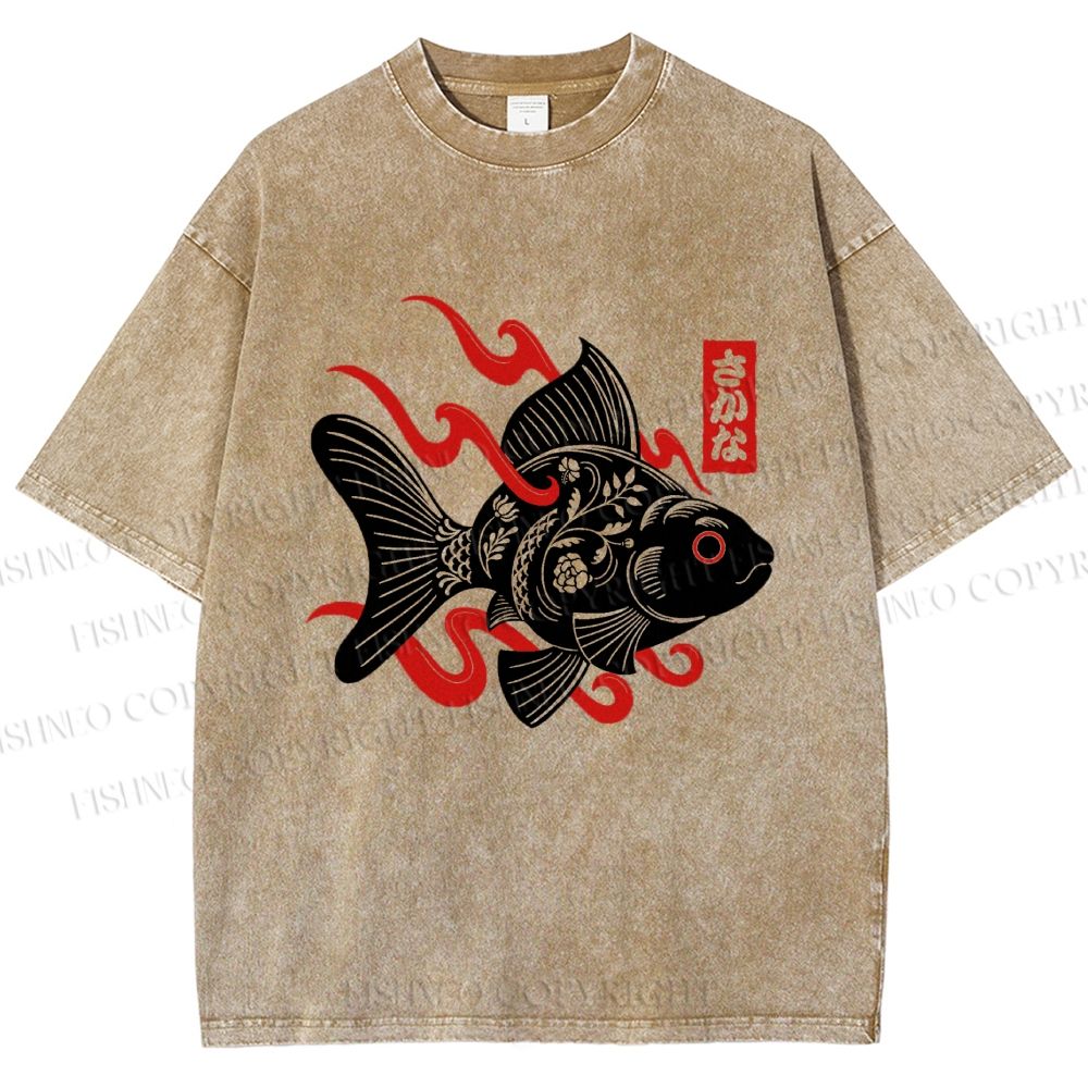 Unisex Ukiyo-e Black Koi Printed Washed Tee