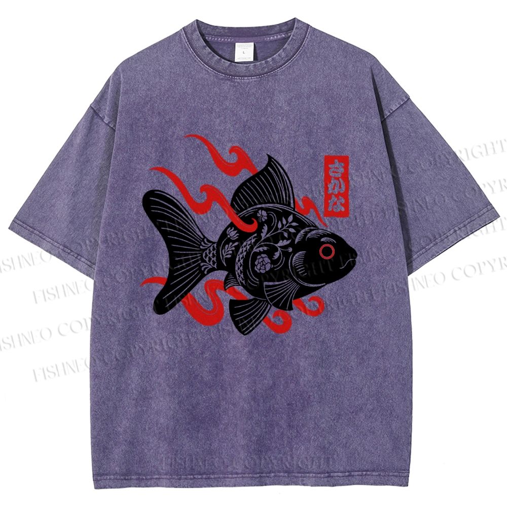 Unisex Ukiyo-e Black Koi Printed Washed Tee