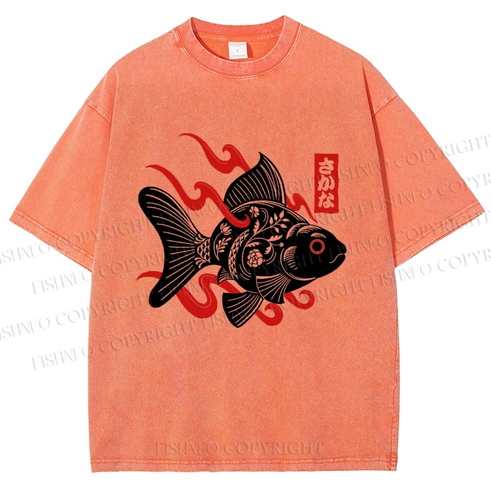 Unisex Ukiyo-e Black Koi Printed Washed Tee
