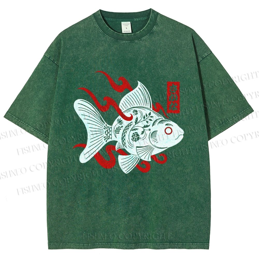 Unisex Ukiyo-e Black Koi Printed Washed Tee