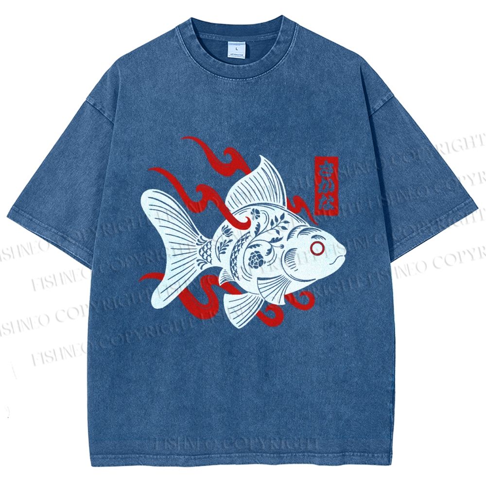 Unisex Ukiyo-e Black Koi Printed Washed Tee