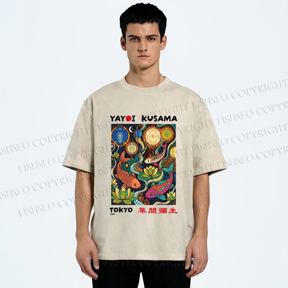 Unisex Kusama Dot Koi Printed Washed Tee