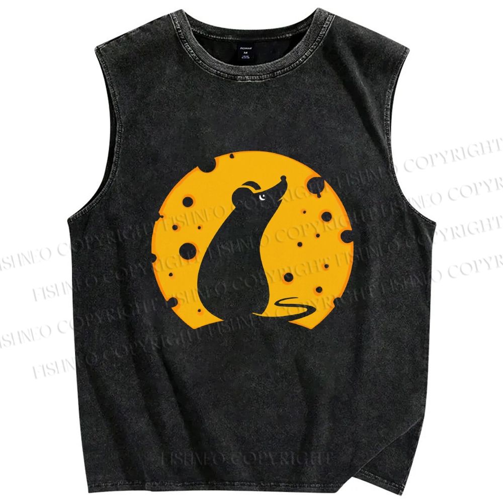 Unisex Cheese Moon Rat Printed Washed Tank Top