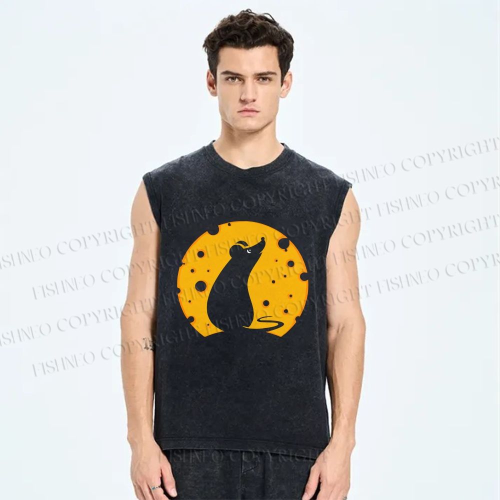 Unisex Cheese Moon Rat Printed Washed Tank Top