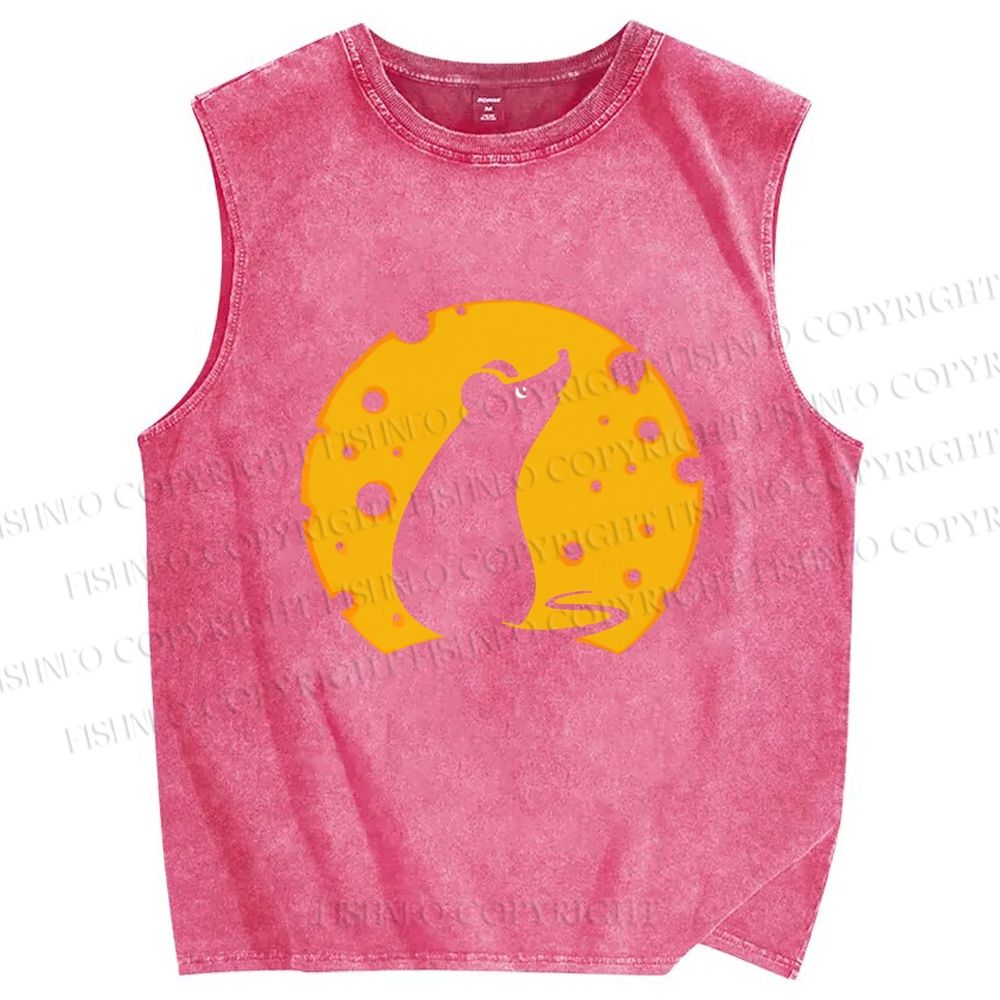 Unisex Cheese Moon Rat Printed Washed Tank Top