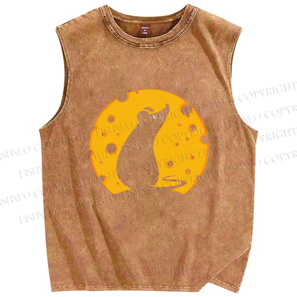 Unisex Cheese Moon Rat Printed Washed Tank Top
