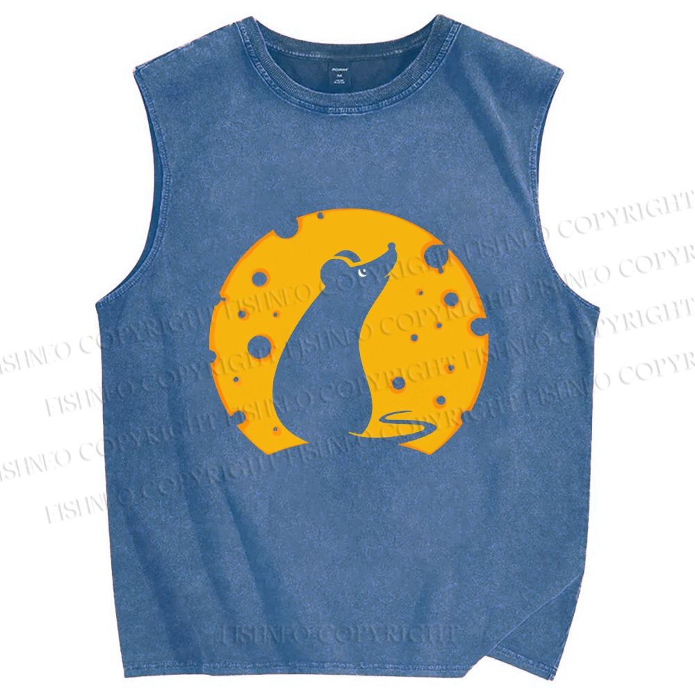 Unisex Cheese Moon Rat Printed Washed Tank Top