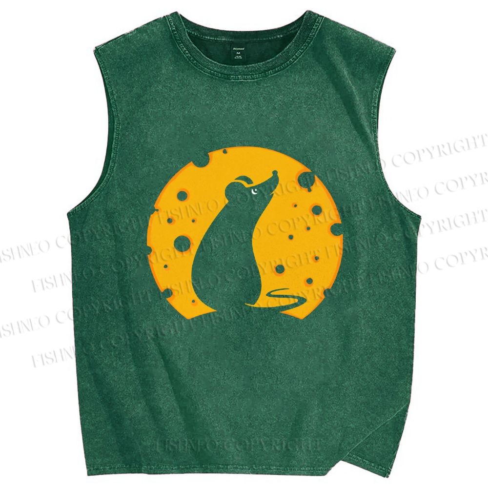 Unisex Cheese Moon Rat Printed Washed Tank Top