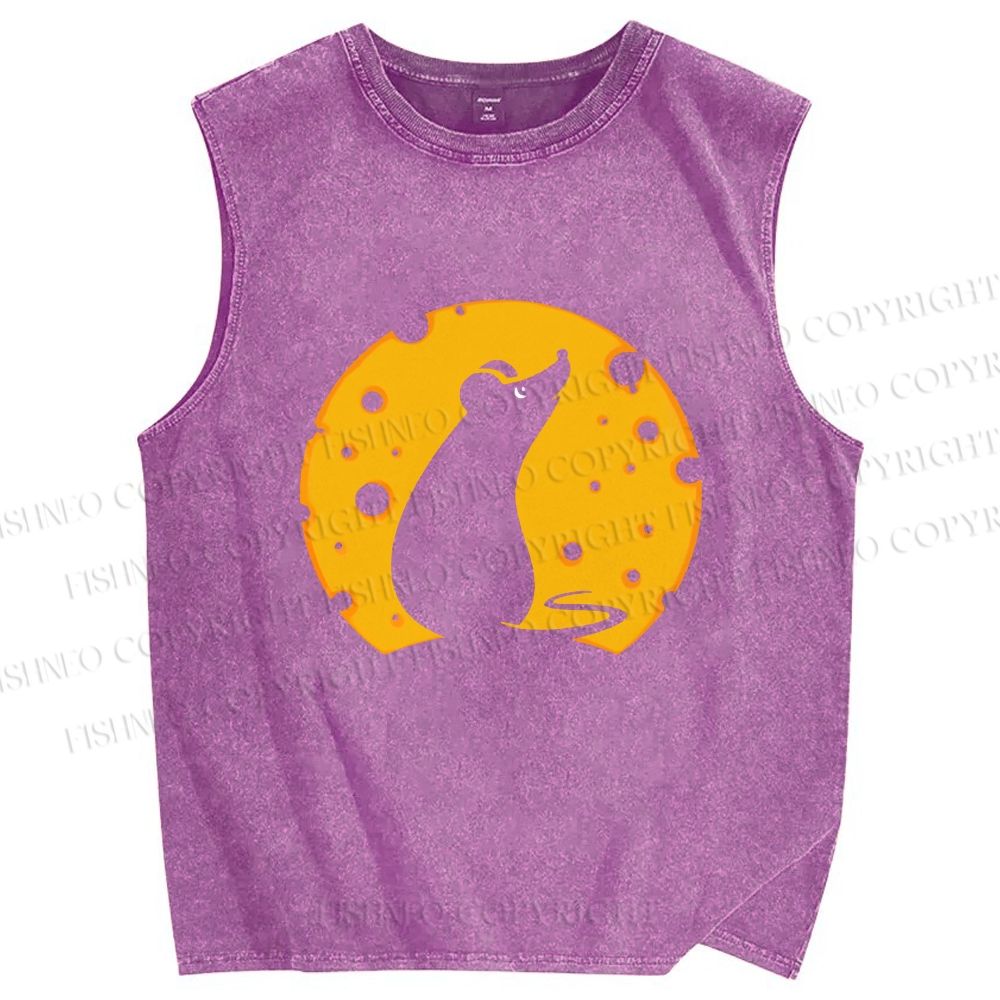 Unisex Cheese Moon Rat Printed Washed Tank Top
