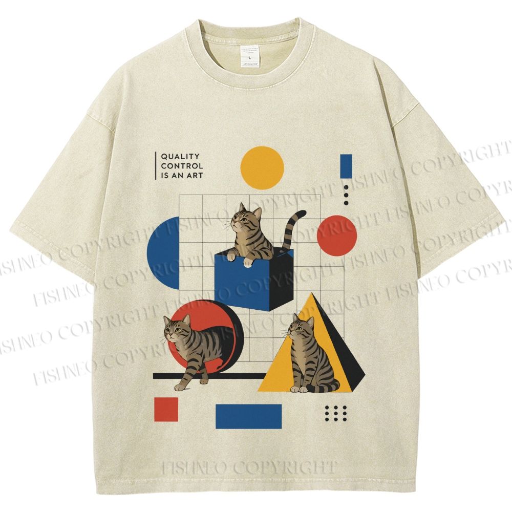 Unisex Bauhaus Geometry And Cats Printed Washed Tee