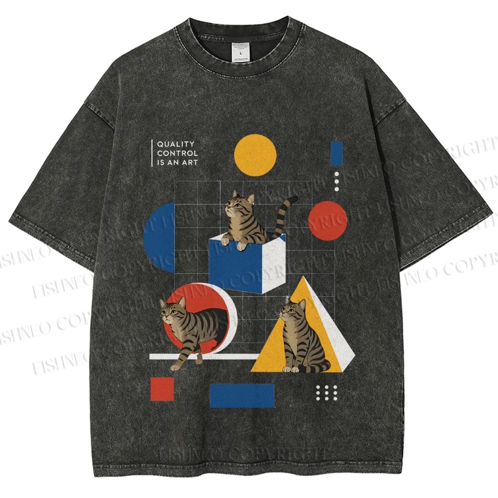 Unisex Bauhaus Geometry And Cats Printed Washed Tee