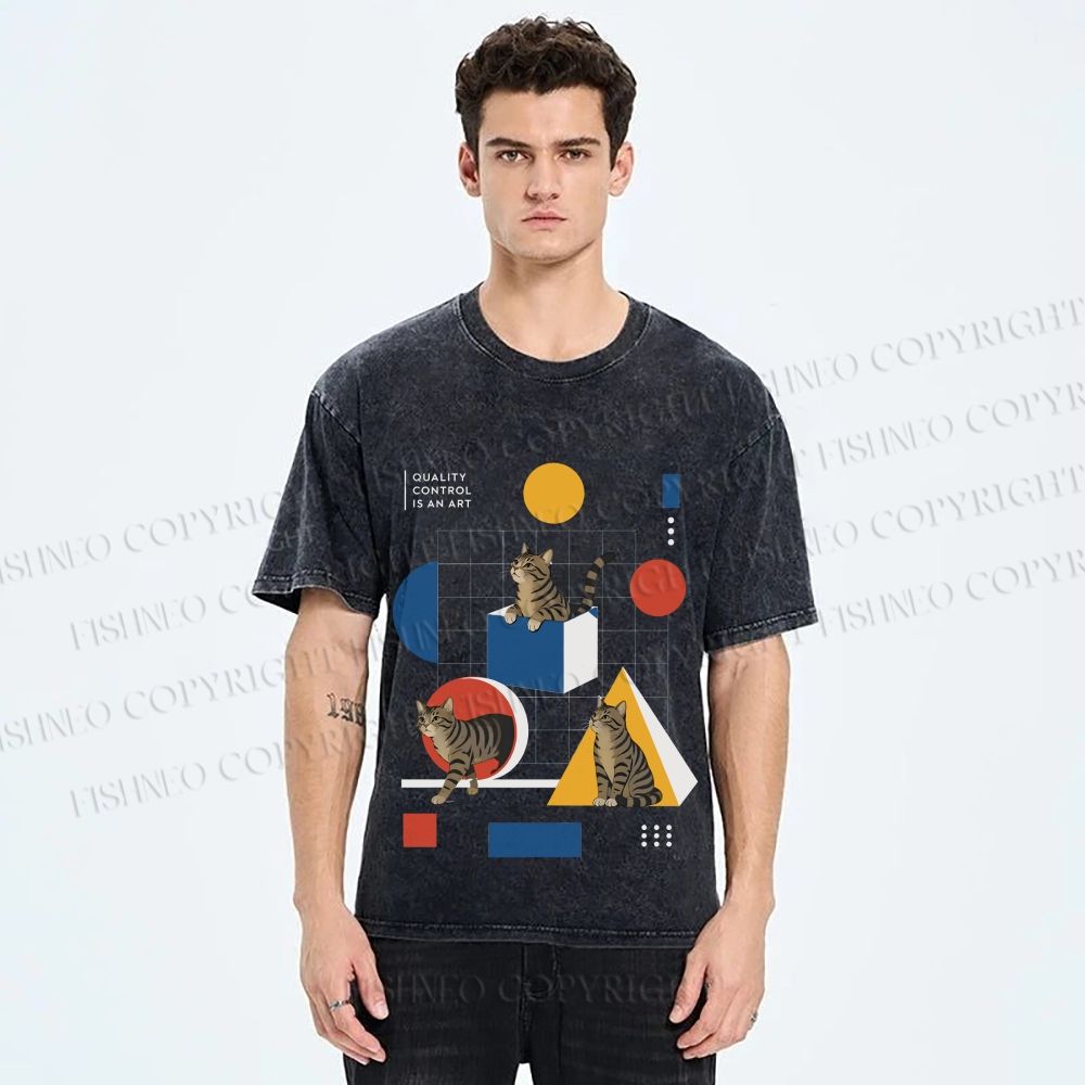 Unisex Bauhaus Geometry And Cats Printed Washed Tee