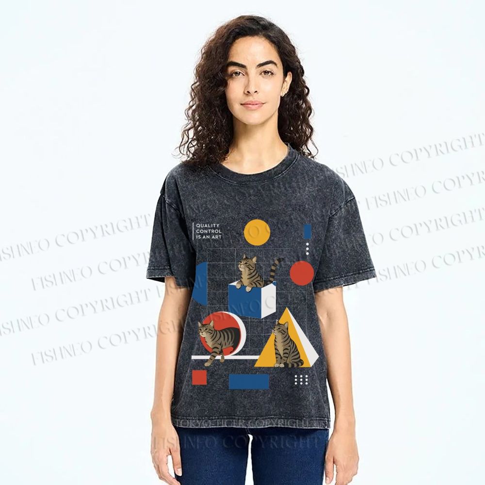 Unisex Bauhaus Geometry And Cats Printed Washed Tee