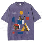 Unisex Bauhaus Geometry And Cats Printed Washed Tee