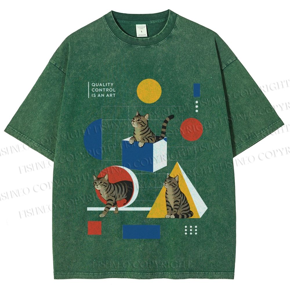 Unisex Bauhaus Geometry And Cats Printed Washed Tee