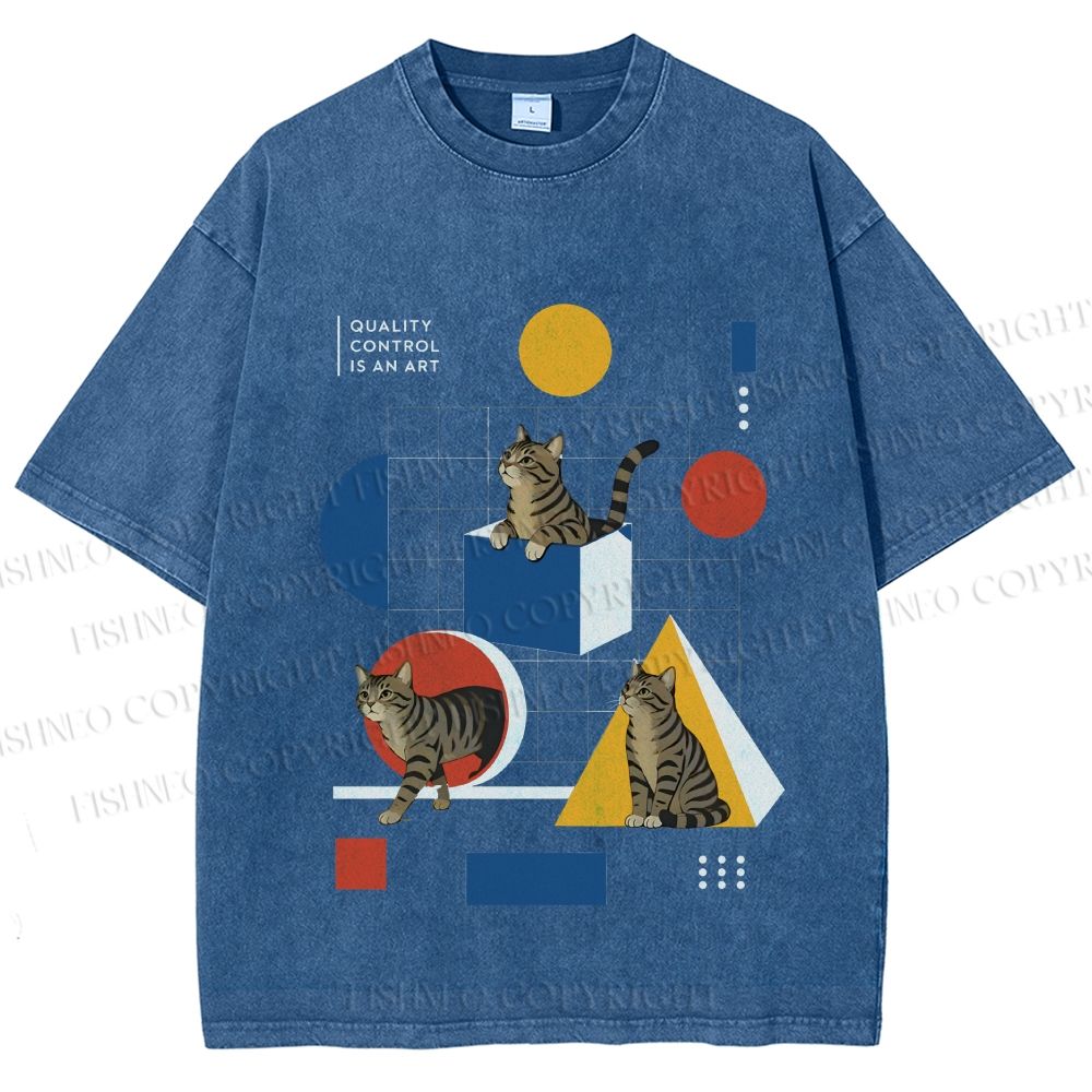 Unisex Bauhaus Geometry And Cats Printed Washed Tee