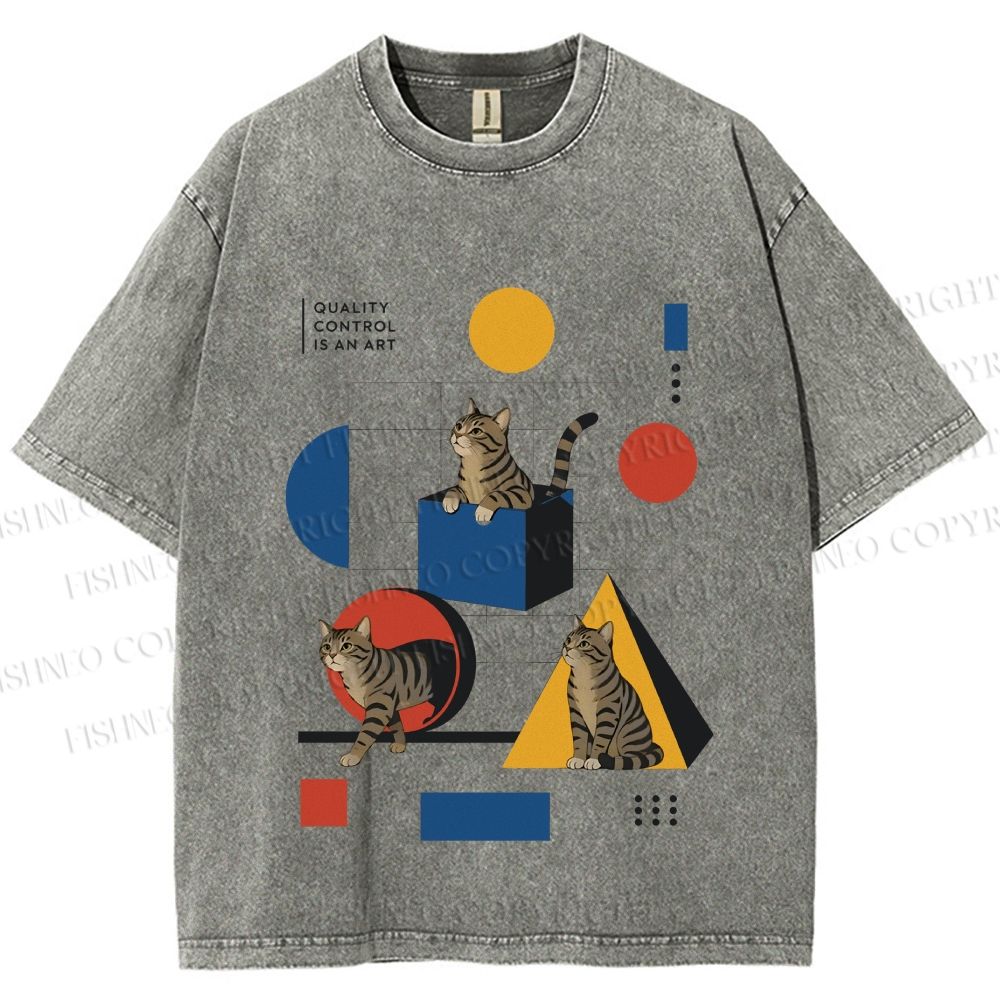 Unisex Bauhaus Geometry And Cats Printed Washed Tee