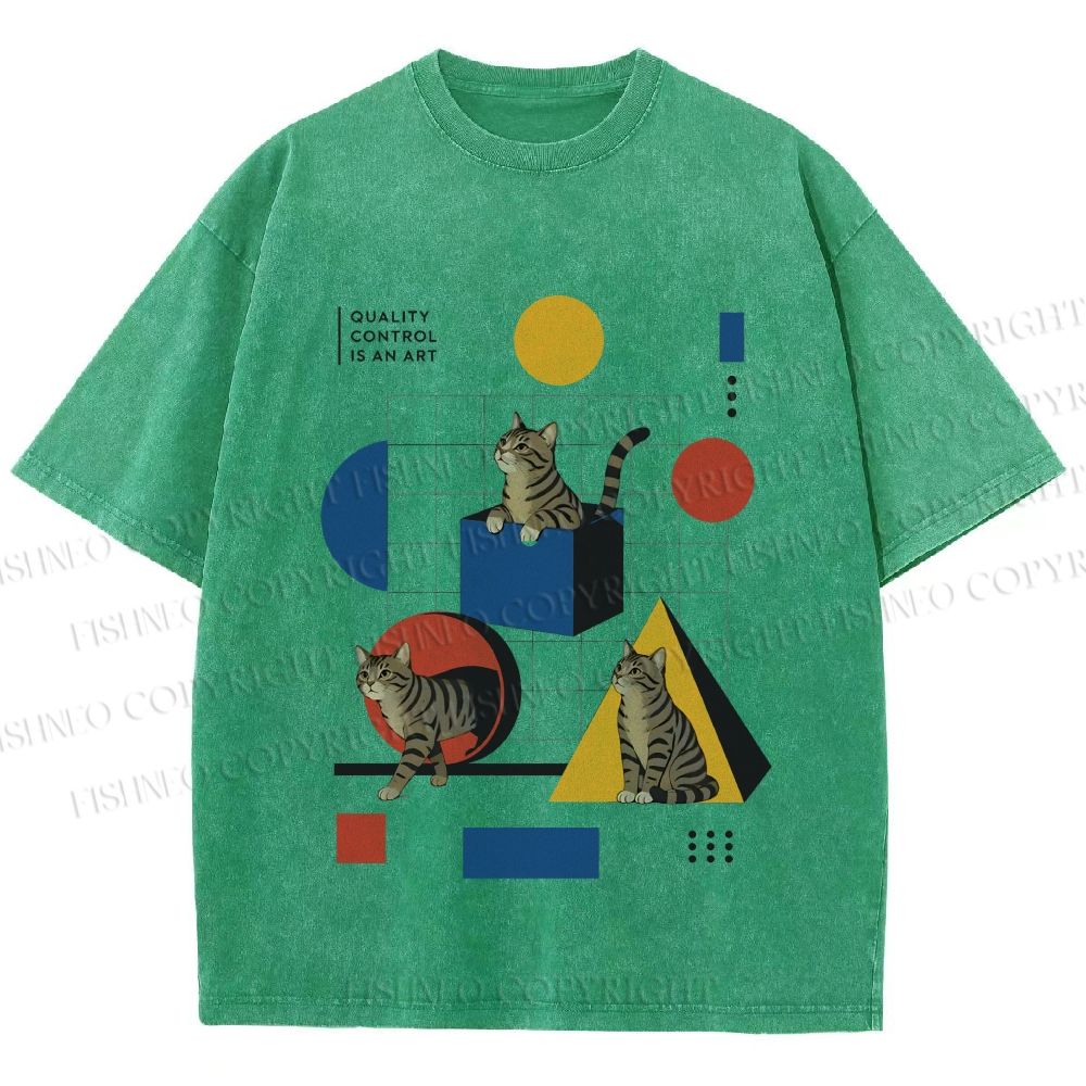 Unisex Bauhaus Geometry And Cats Printed Washed Tee