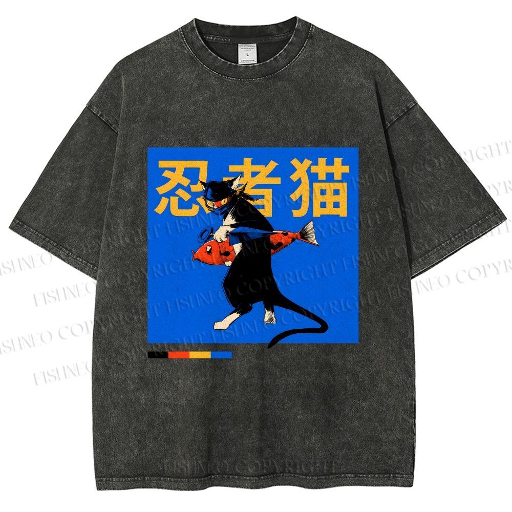 Unisex Ninja Cat Printed Washed Tee