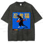 Unisex Ninja Cat Printed Washed Tee